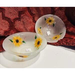 Handpainted Sunflower Bowl Set Of 2 Vtg Imperial Glass Cereal Fruit Prep Dip